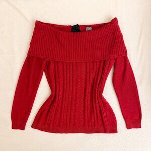 Y2K Cable Knit Red Off the Shoulder Sweater Soho Jeans Classy Old Money Preppy